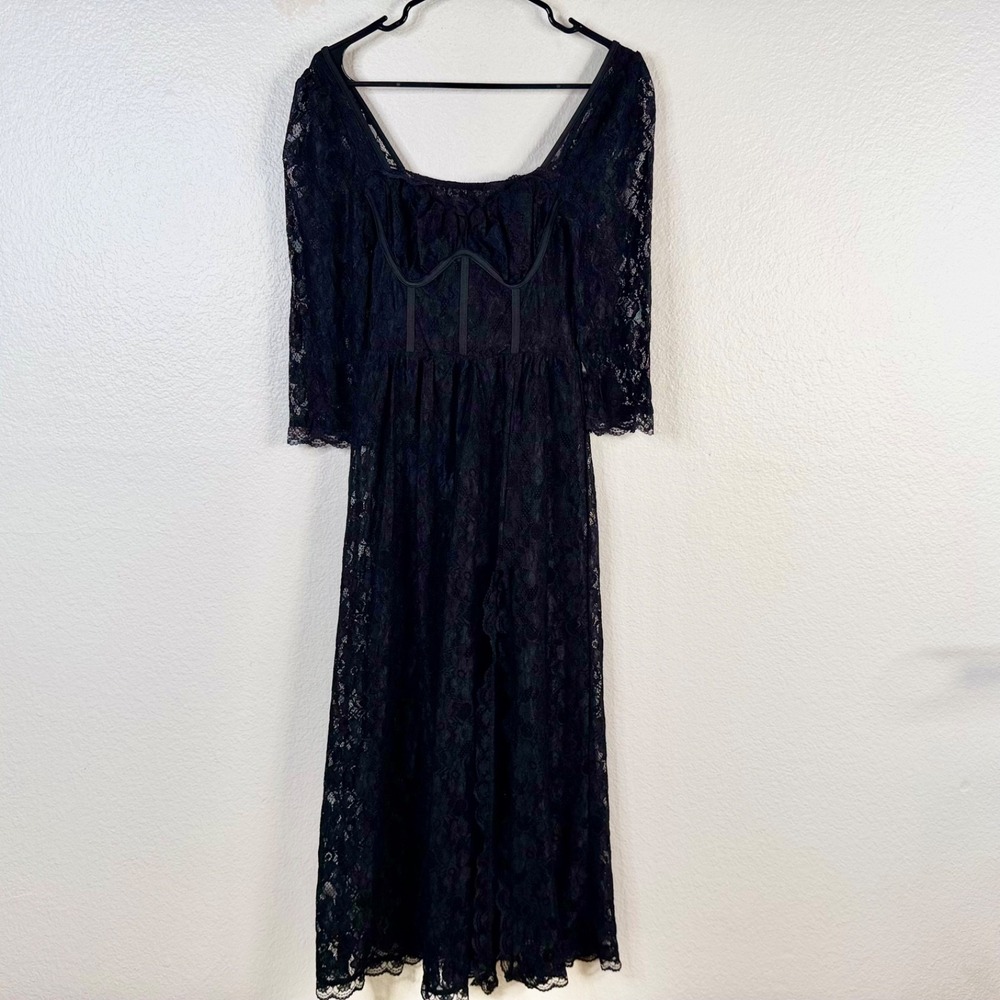 Whimsigoth Dark Fairy Coquette Witch Sheer Lace Bodysuit Dress Corset Black Sz S